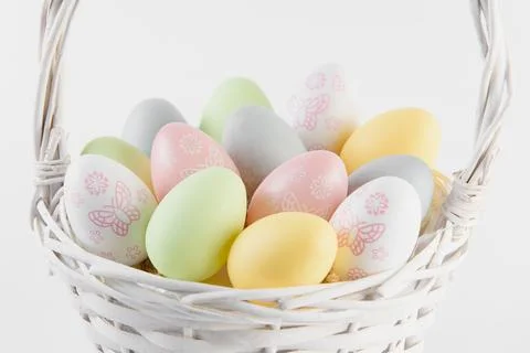Happy Easter. Congratulatory easter background. Easter eggs and flowers Stock Photos