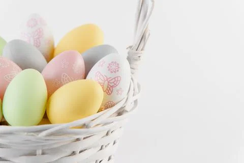 Happy Easter. Congratulatory easter background. Easter eggs and flowers Stock Photos