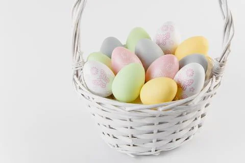 Happy Easter. Congratulatory easter background. Easter eggs and flowers Stock Photos