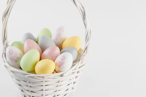 Happy Easter. Congratulatory easter background. Easter eggs and flowers Stock Photos