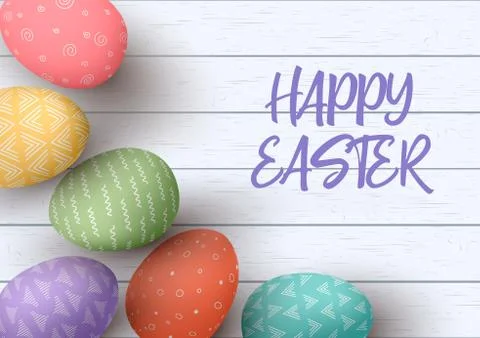 Happy Easter. Congratulatory easter white wooden background. Easter colorful  Stock Illustration