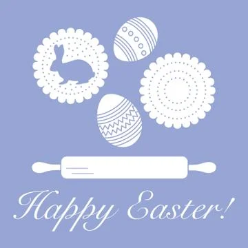 Happy Easter. Cookies, bunny, eggs, rolling pin. Stock Illustration