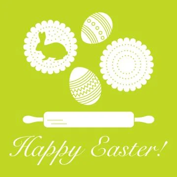 Happy Easter. Cookies, bunny, eggs, rolling pin. Stock Illustration