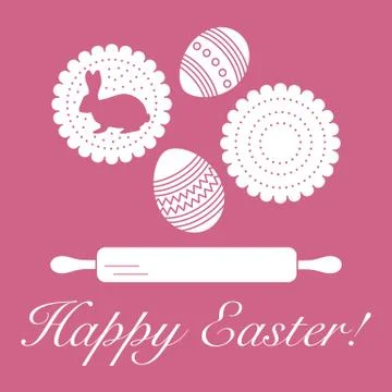 Happy Easter. Cookies, bunny, eggs, rolling pin. Stock Illustration