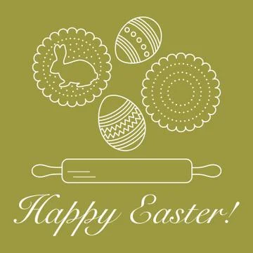 Happy Easter. Cookies, bunny, eggs, rolling pin. Stock Illustration