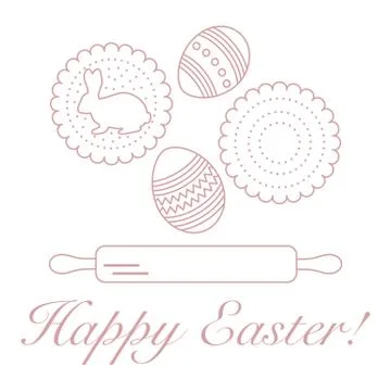 Happy Easter. Cookies, bunny, eggs, rolling pin. Stock Illustration