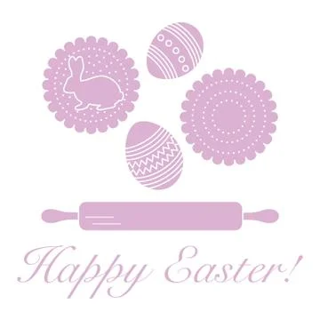 Happy Easter. Cookies, bunny, eggs, rolling pin. Stock Illustration