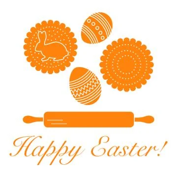 Happy Easter. Cookies, bunny, eggs, rolling pin. Stock Illustration