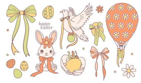 Happy Easter coquette elements set, doodle hand drawn rabbit, dove, egg shaped Illustrazione stock