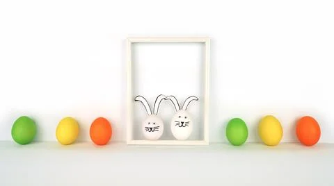 Happy Easter. Creative card from colorful eggs in row and two funny rabbits i Stock Illustration
