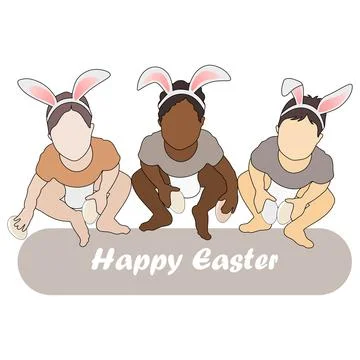Happy easter. Cute Babies with Bunny Ears and Eggs. Premium Vector. Different Stock Illustration