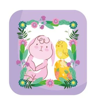 Happy easter cute bunny with chicken in egg frame decoration card Stock Illustration