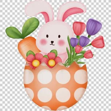Happy Easter cute bunny in easter egg with spring flowers and carrot. Stock Illustration