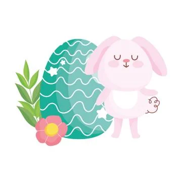 Happy easter cute bunny with green egg flower cartoon decoration Stock Illustration