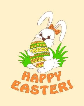 Happy Easter with cute bunny keeping ornamental eggs into herb Stock Illustration