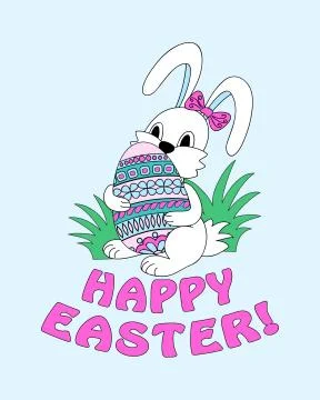 Happy Easter with cute bunny keeping ornamental eggs into herb Stock Illustration
