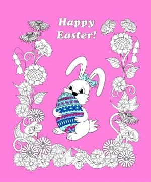 Happy Easter with cute bunny keeping ornamental eggs into flowers Stock Illustration