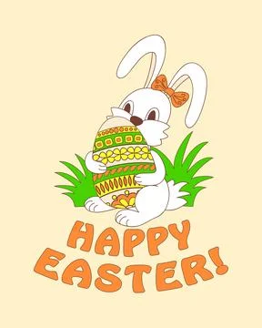 Happy Easter with cute bunny keeping ornamental eggs into herb Stock Illustration