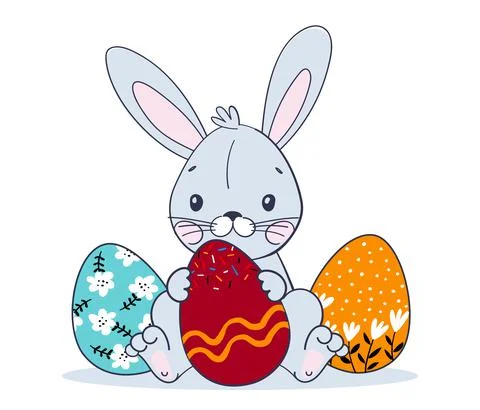 Happy easter. Cute bunny with three Easter eggs. Modern Clip-Art in Flat Desi Illustrazione stock