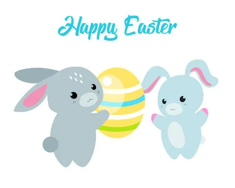 Happy Easter. Cute cartoon Easter banner with Easter eggs and Hare. Stock Illustration