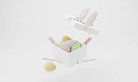 Happy Easter. cute cartoon Easter composition. gift open box . Bunny ears and Stock Illustration