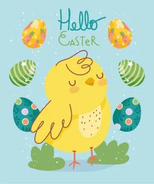 Happy easter cute chicken and decorative eggs ornament celebration Stock Illustration