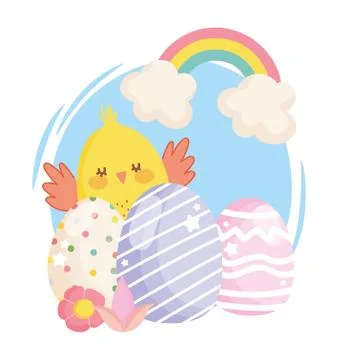 Happy easter cute chicken decorative eggs flowers rainbow Stock Illustration