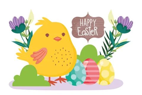 Happy easter cute chicken decorative eggs flowers banner Stock Illustration