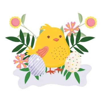 Happy easter cute chicken decorative eggs flowers leaves nature Stock Illustration