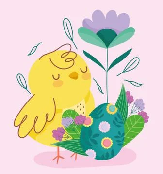 Happy easter cute chicken with egg decorated with flowers leaves Stock Illustration