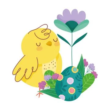 Happy easter cute chicken with egg decorated with flowers leaves 스톡 일러스트