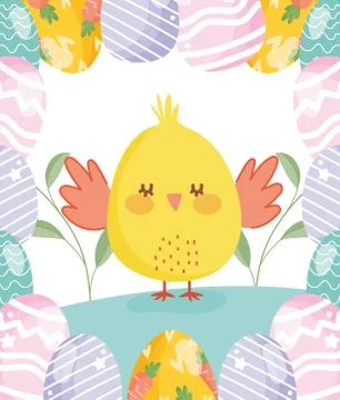 Happy easter cute chicken with eggs border decoration flowers Stock Illustration