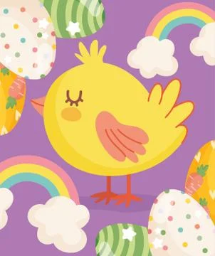 Happy easter cute chicken eggs rainbow clouds card Stock Illustration