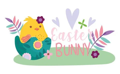 Happy easter cute chicken on eggshell flowers nature decoration Stock Illustration