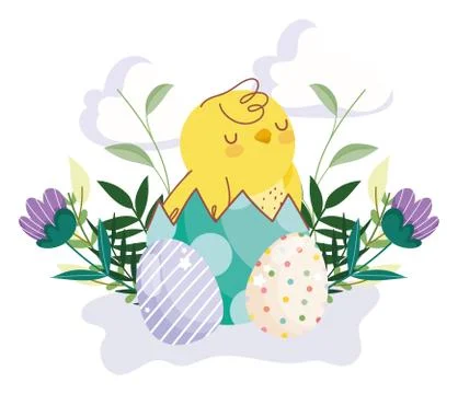 Happy easter cute chicken in eggshell eggs flowers leaves decoration Stock Illustration