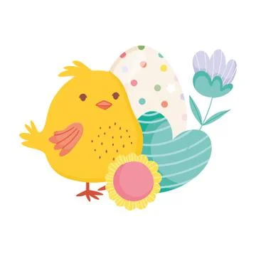 Happy easter cute chicken heart egg flowers decoration card Stock Illustration