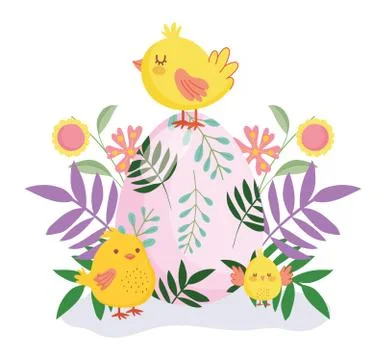 Happy easter cute chickens colored egg flowers foliage nature Stock Illustration