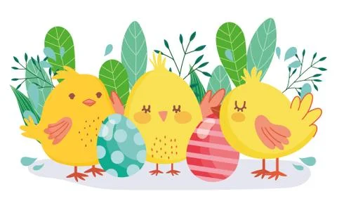 Happy easter cute chickens decorative eggs foliage decoration Stock Illustration