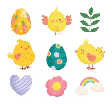 Happy easter cute chickens eggs flower heart rainbow decoration Stock Illustration