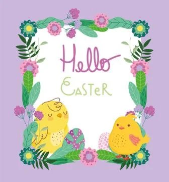 Happy easter cute chickens eggs flowers frame decoration card Stock Illustration