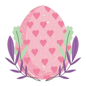 Happy easter cute egg with printed hearts and leaves isolated white background Stock Illustration