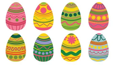 Happy Easter cute eggs. Set of Easter eggs with different textures on a whi.. Illustrazione stock