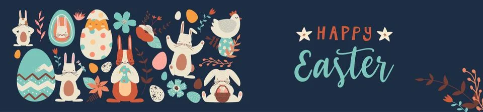 Happy easter cute folk rabbit egg doodle banner Stock Illustration
