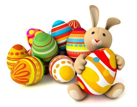Happy Easter. Cute funny toy bunny holding in the paws of a large Easter egg. Illustrazione stock