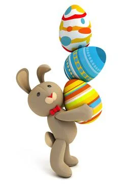 Happy Easter. Cute funny toy bunny holding in the paws a lot of Easter eggs.  Stock Illustration