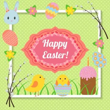 Happy Easter. Cute greeting card with traditional Easter symbols Stock Illustration