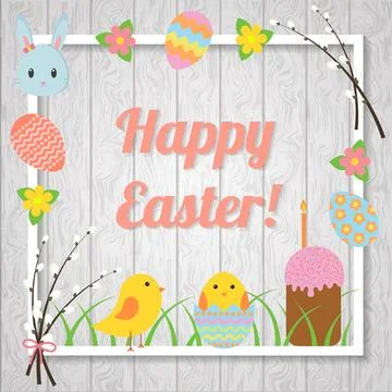 Happy Easter. Cute greeting card with traditional Easter symbols Stock Illustration