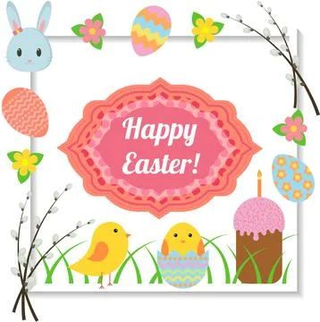Happy Easter. Cute greeting card with traditional Easter symbols Stock Illustration