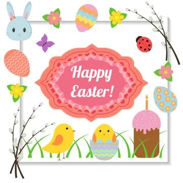 Happy Easter. Cute greeting card with traditional Easter symbols Stock Illustration