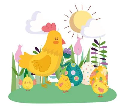 Happy easter cute hen and chickens with eggs flowers floral sun day Stock Illustration